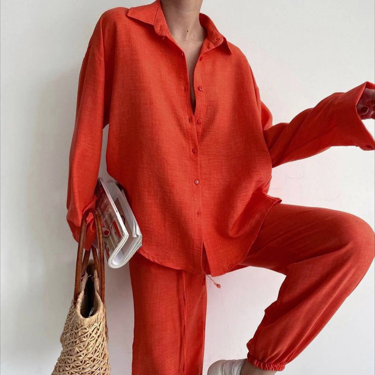 INS Style New2 New Casual Solid Polo Collar Long Sleeve Shirt Top Harlan Pants Two Piece Set