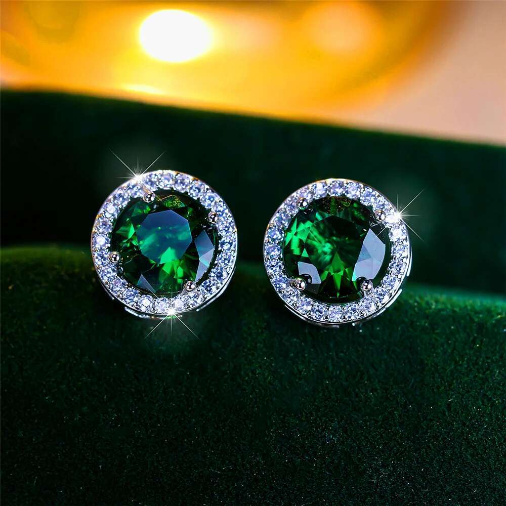 Male Female Crystal Purple Blue Green Round Stud Earrings Sier Color Wedding Jewelry For Women Men