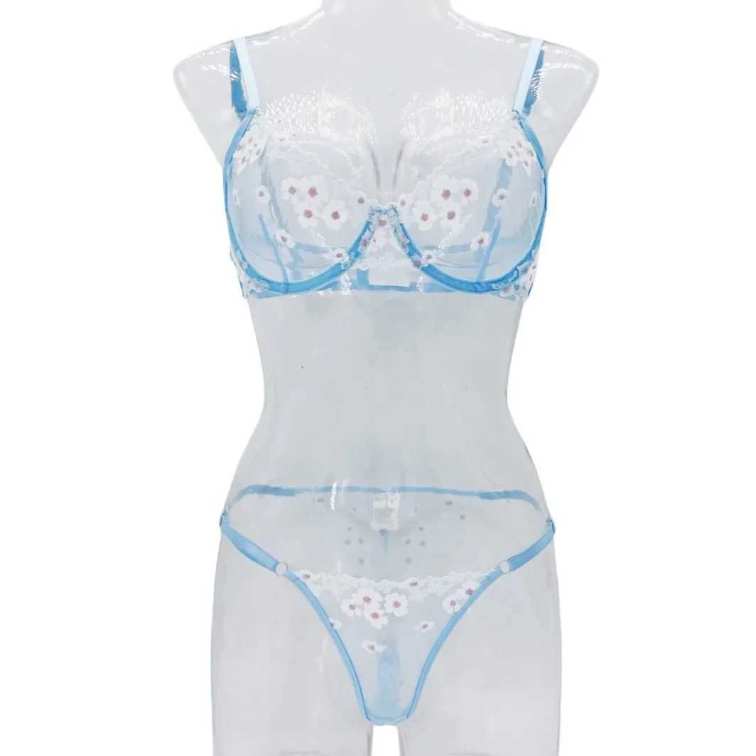 Autumn New French Style Sweet Floral Embroidery Lingerie Set Womens Mesh Perspective Comfortable Gathering Underwear Bra BriefsXJ250301