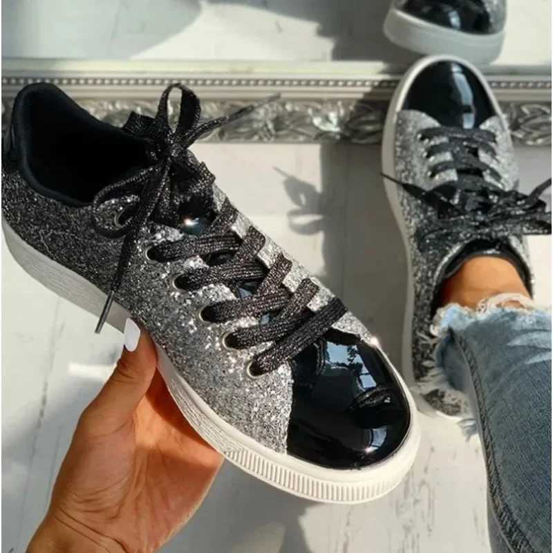 Womes Sneakers Bling Golden Shoes Casual Female Breathable Lace Up Outdoor Sport Tennis Women Vulcanize Shoes Womens ShoesXJ250301