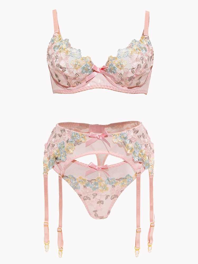 Sexy New Industrial Embroidered Lace Underwear Perspective Bra Waist garter Belt Underwear 3-Piece SetXJ250301