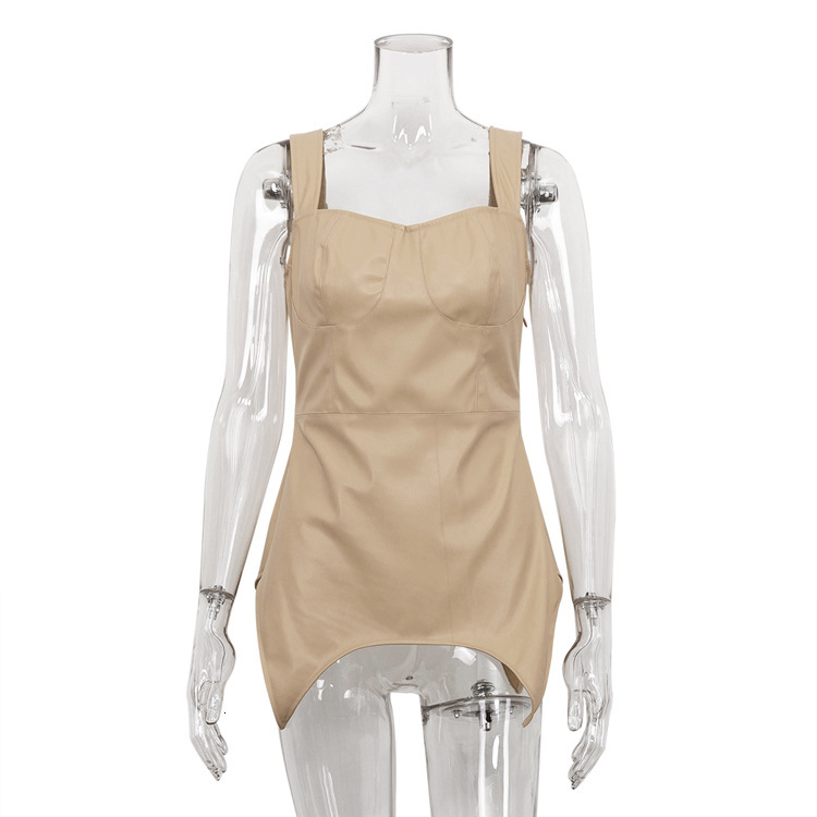 New2 Fengins New Outerwear Small Design Sense Solid Color PU Leather Strap Bra Top Fashion Street