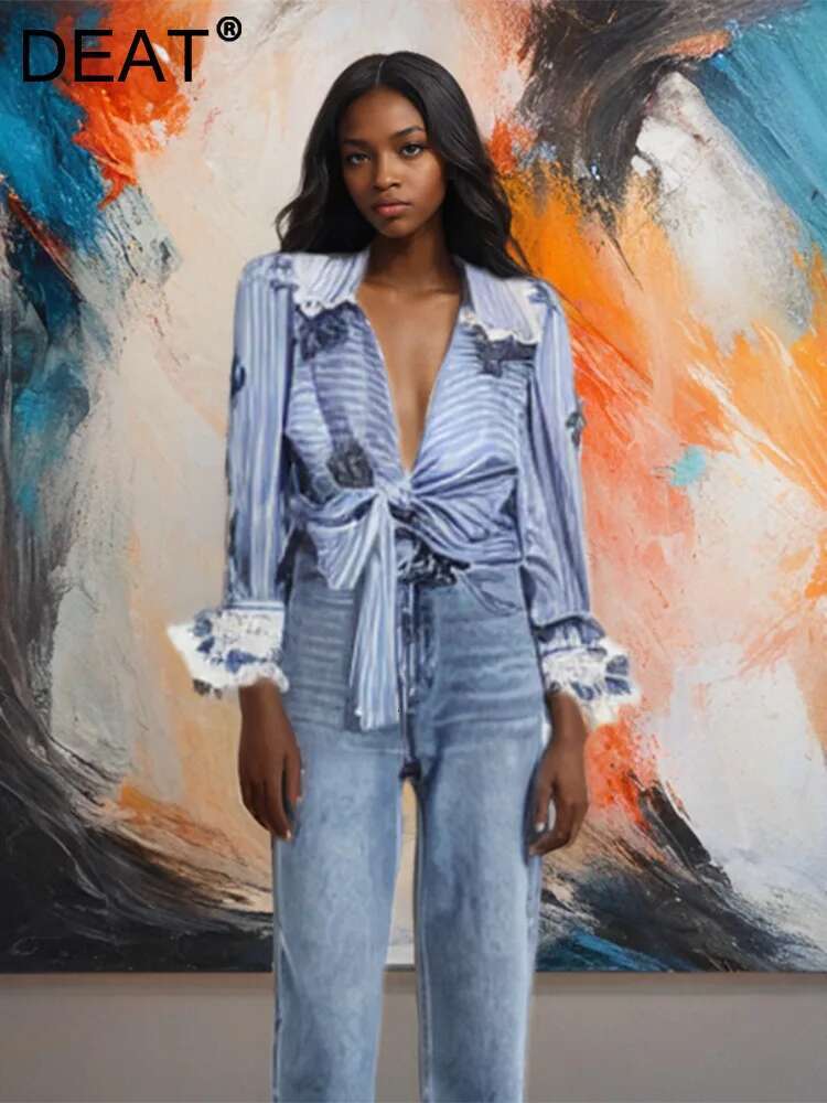 DEAT Trendy Women's Spliced Lace Bows Bandage Striped Shirts 2024 Autumn Fashion New Lapel Long Sleeve Blouse Female 29L8151