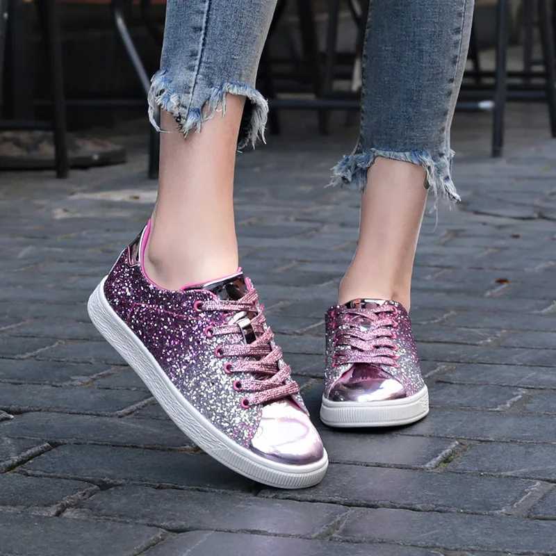 Women Vulcanize Shoes Sneakers Bling Shoes Girl Glitter Casual Female Breathable Lace Up Outdoor Sport Shoes Womens ShoesXJ250301
