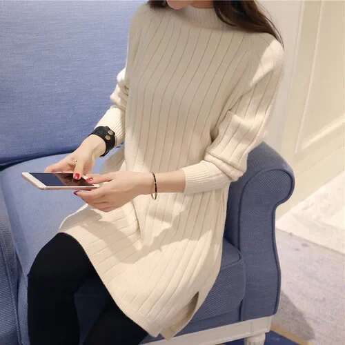 2020 Autumn/Winter New Korean Style Women's Knitted Top Jacket Medium-Length Dress Loose-Fit Pullover Sweater Crew Neck Design
