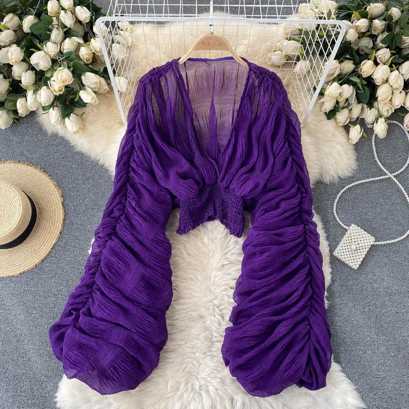 Womens Blouse Sexy Deep V Neck Tops Full Puff Sleeve Tight Waist Top Shirts Slim Fit Blouses Elegant Splice Pleated Shirt 250225
