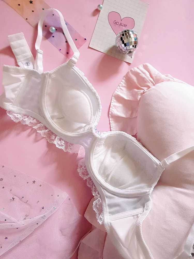 Japanese lingerie cute girl sweet blue black white bubble gum with steel rims thin and large apron bra setXJ250301