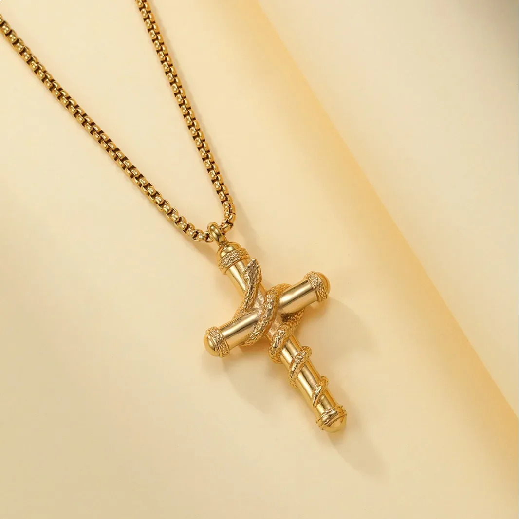 Snake Around Cross Spoon Necklace Exquisite Hollow Spoon Inside Pendant Necklace Trendy Stainless Steel Jewelry Presents 250222