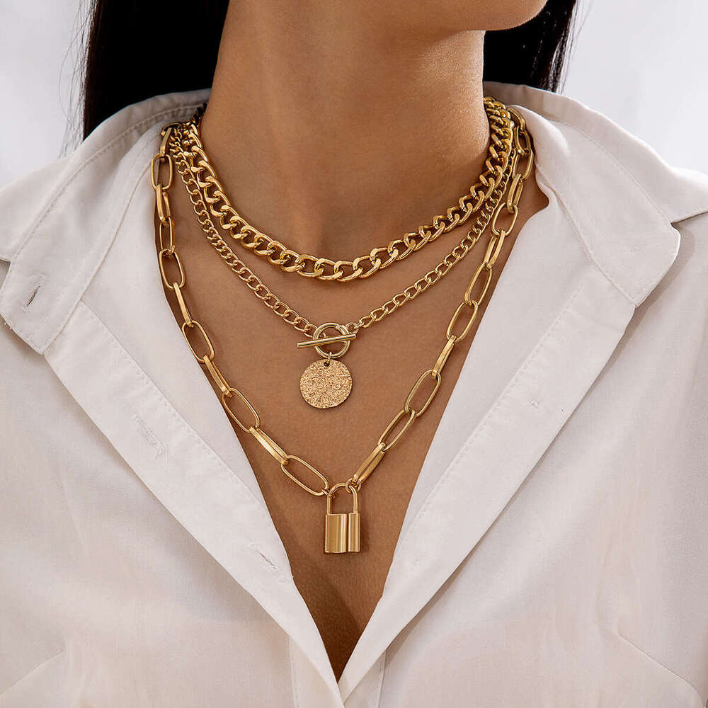 designer necklace Personalized alloy circular pendant, three-layer necklace, versatile, shaped pearl layered collarbone chain, women's necklace