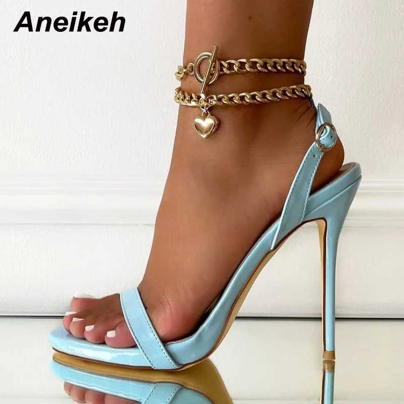 Aneikeh Sexy PU Shallow High Heel Sandals Wen Hot Summer 2025 New NEW Pointed Toe Metal Chain Shoes Fashion Buckle Strap Party Sewing Z250301