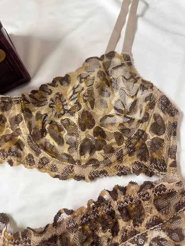 Sexy Bra Set Deep V Leopard Print Ultra in Lace Underwear Female Big Breasts Show Small Lingerie PantsXJ250301