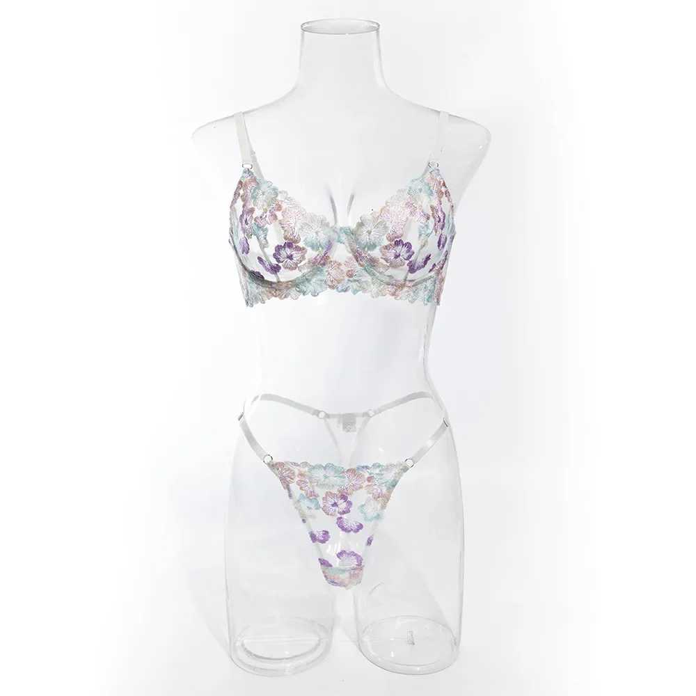 Womens Sexy Suspender Lingerie Set Blue and White Embroidery Mesh Bra Soft Steel Ring Perspective Exotic Apparel Suit UnderwearXJ250301