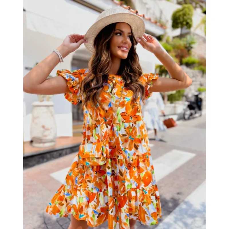 Basic Casual Dresses Girl pleated edge patch midi fancy dress summer sparkling sweater round neck print irregular hem suitable for womens holiday wear