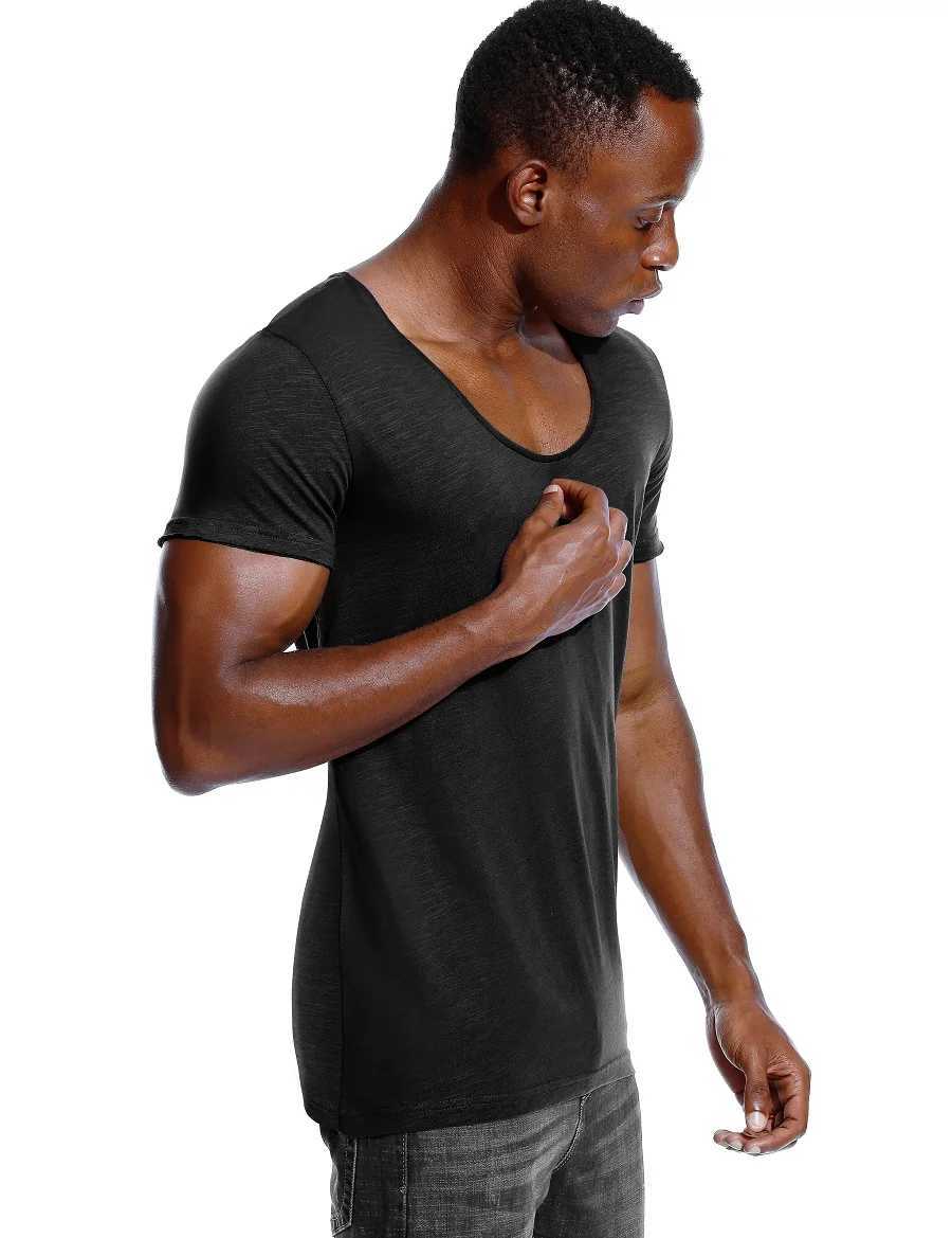 Scoop Neck T Shirt for Men Low Cut Deep V Neck Wide Vee Tee Male Tshirt Invisible Undershirt Slim Fit Short SleeveT250307