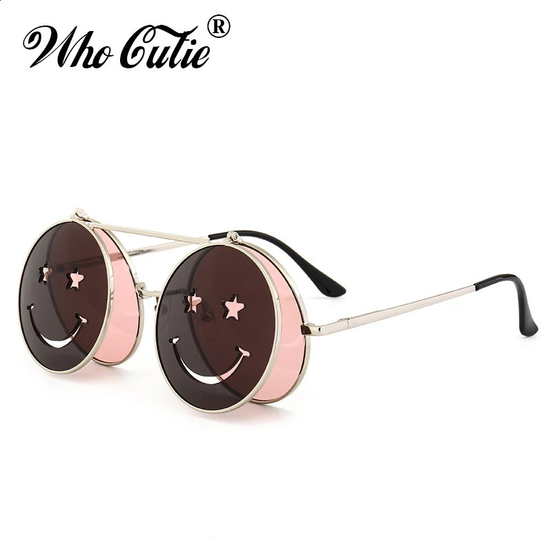 WHO CUTIE Round Flip Up Sunglasses Women Men Vintage Retro Steampunk Metal Frame Red Yellow Clip On Funny Sun Glasses OM486 250221