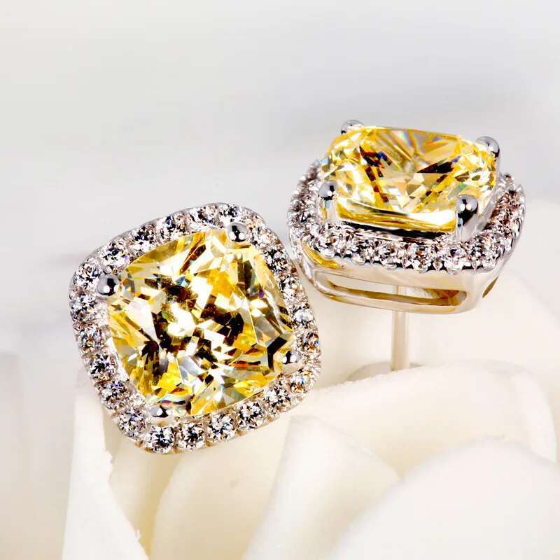 Female Crystal Zircon Stone Stud Earring Sier Color Yellow White Pink Earrings Vintage Wedding Jewelry For Women
