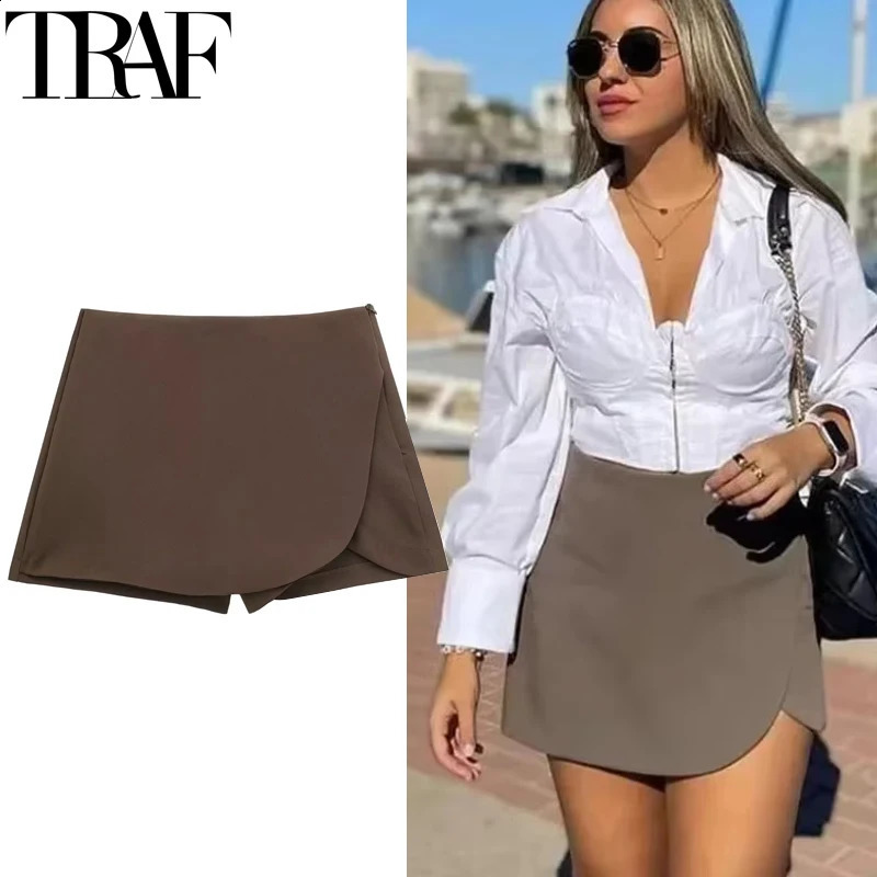 TRAF Womens Skort High Waist Brown Skirt Pants Stylish Summer Pink Black Mini Skirt Shorts Asymmetric Casual Off White Skort 250224