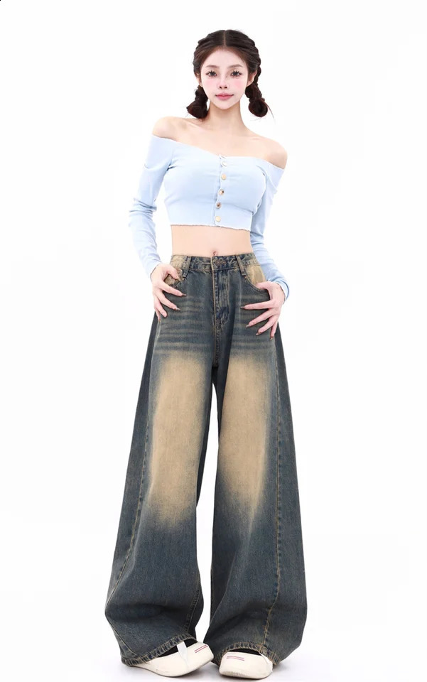 Classic Vintage Baggy Jeans for Women Autumn Winter Straight Wide Leg Casual Pants Woman Y2K Streetwear Loose Fitting Jeans 250225