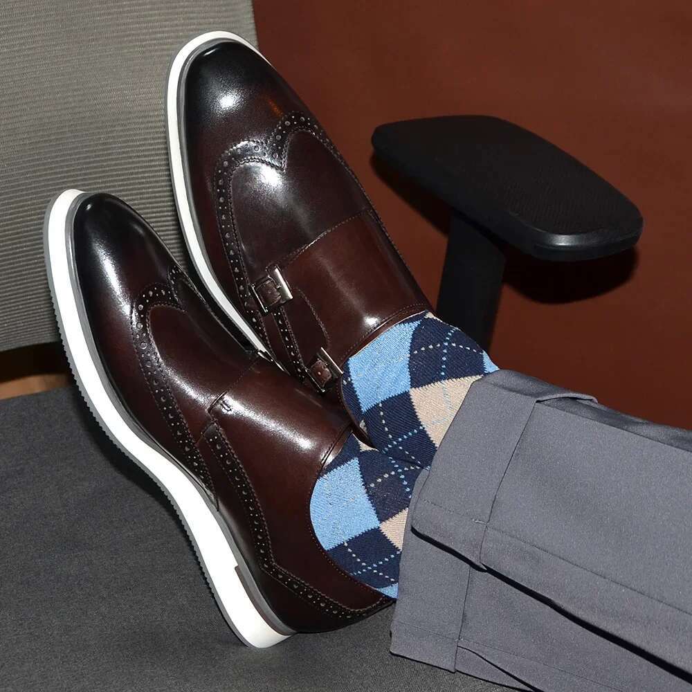 European Men Sneakers Genuine Cow Leather Monk Strap Basic Double Buckles Wingtip Brogue Casual Office Party Mens Shoes