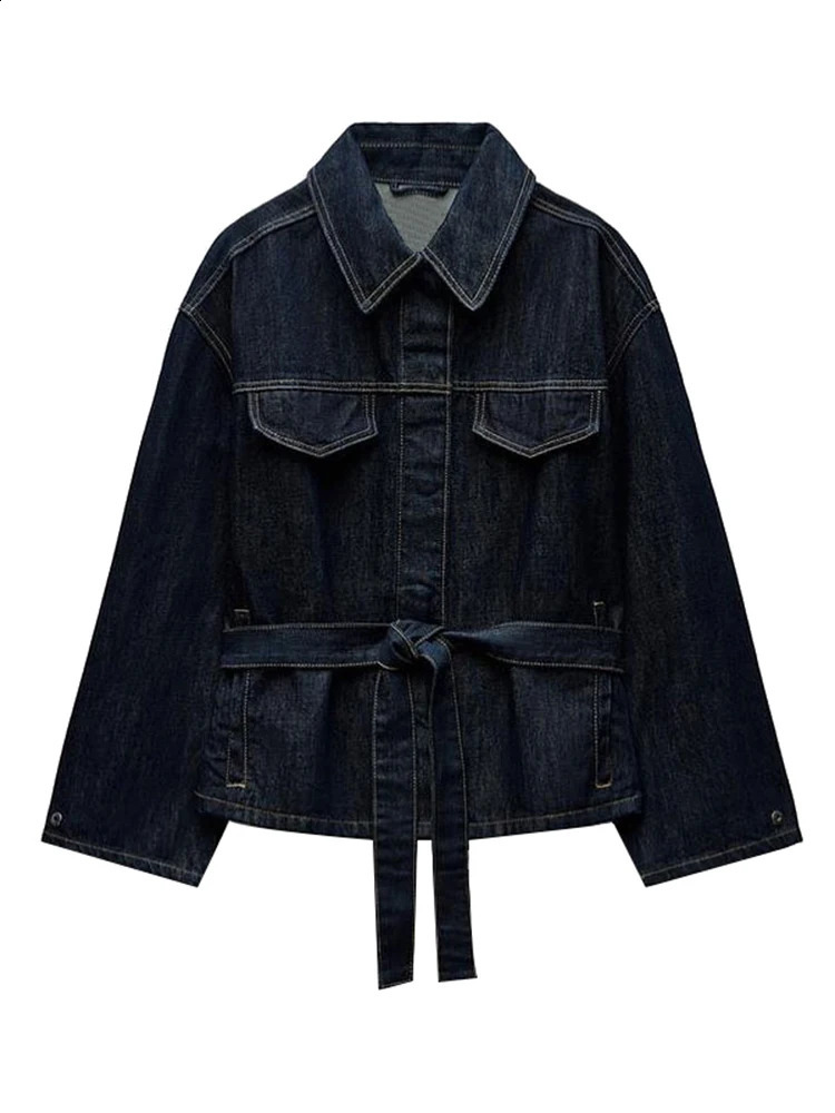 Street Denim 2 Pieces Suit Women Lapel Full Sleeve Single Breasted With Belt Jacket Wide Leg Jeans Female Set Spring Summer 250225