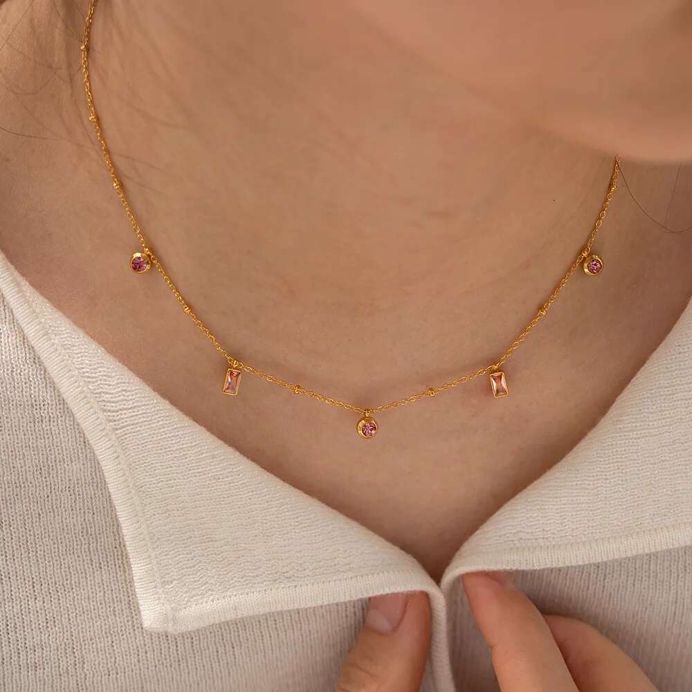 Waterproof Gold Plated Stainless Steel Glass Stone Charms Necklace Bracelet Set for Women Fashion Jewelry Gift