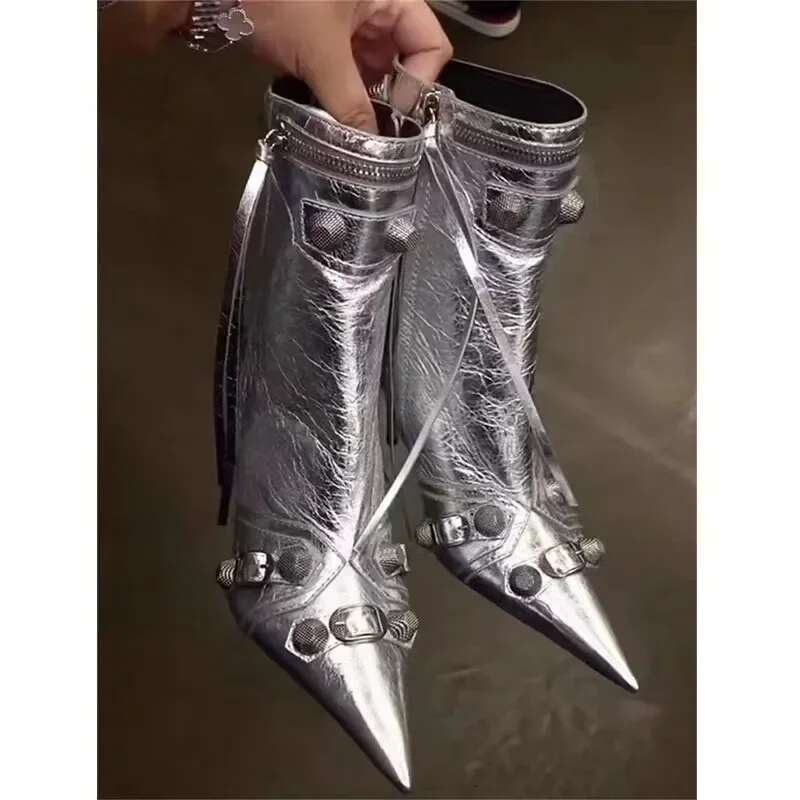 Gold Sier Women Pointed Toe Stilettos Heels Knee High Sexy Ladies Rivet Retro Pumps Cosplay Ankle Boots