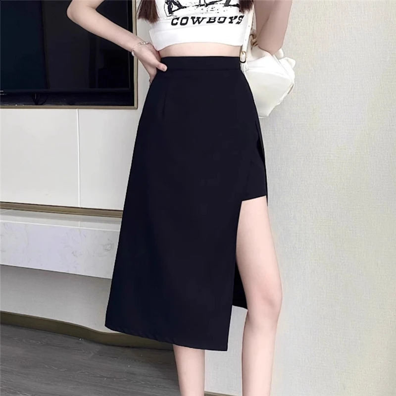 High Waist Hip Skirt Irregular Slit Black Skirt for Women Summer Mid-length A-line Harajuku Vintage Women Clothing 250224