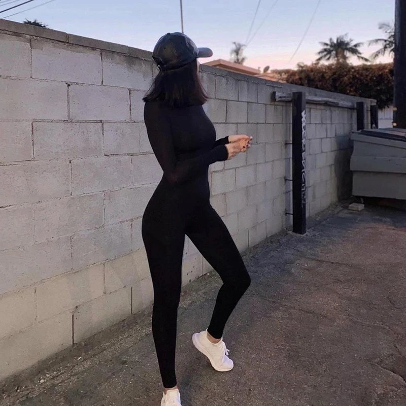Solid Black/gray Long Sleeve Skiing Jumpsuit Women Elastic Hight Outfit Fashion Fitness Sportwear Slim Rompers Streetwear 250225