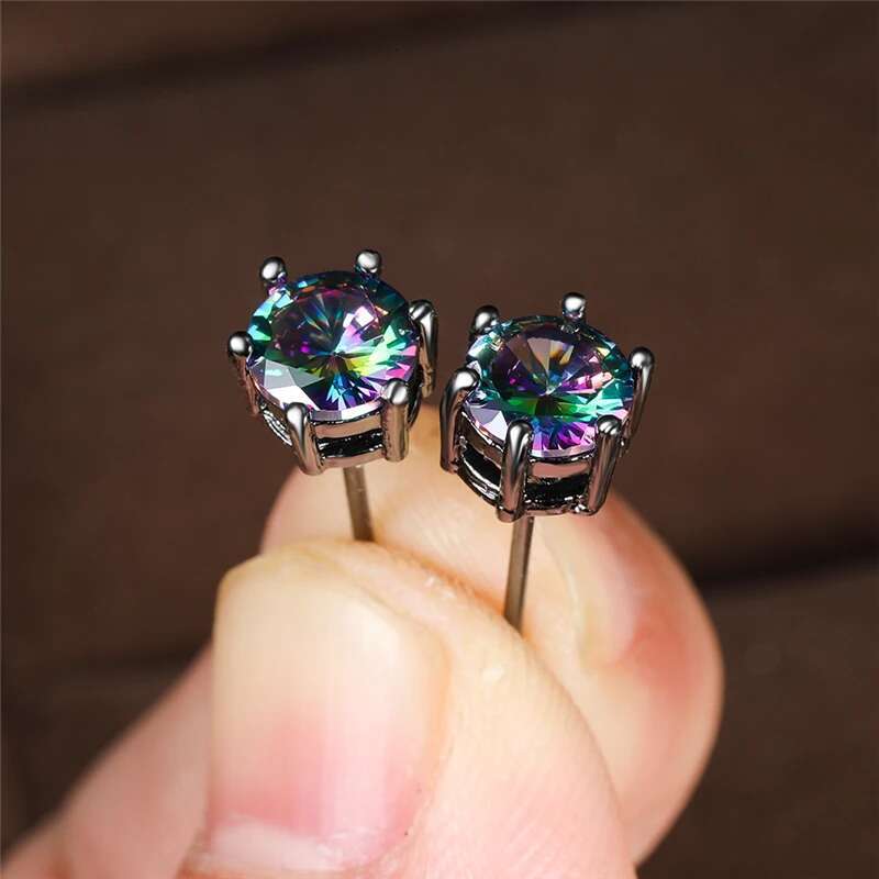 Punk Male Female Rainbow Crystal Stud Earrings Black Gold Sier Color Wedding Jewelry For Women Men Charm Round Zircon Earring