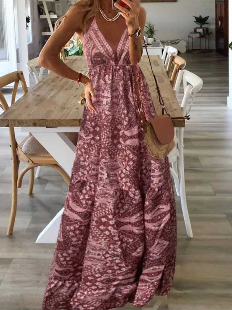 Basic Casual Dresses Bohemian Style Printed Spaghetti Strap Dresses For Women Sexy V-neck Holiday Beach Long Dress Casual Ladies Summer Maxi Dresses J