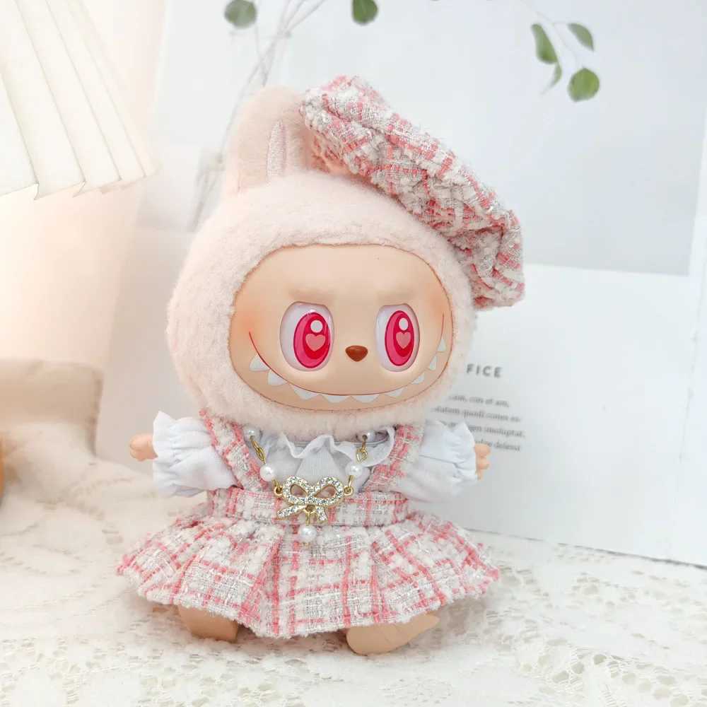 Mini DollS Clothes Outfit For 15-17cm Labubu V1 V2 Classic Grid style Dress Cloak Set With Pearl Element Beret Clothing W250301