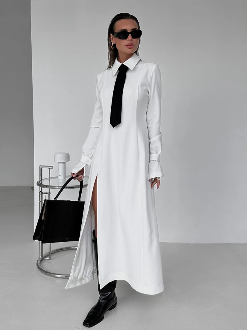 Clacive Fashion Slim White Office Casual Lapel Long Sleeve Ankle Length Dress Elegant Classic Slit Dresses For Women 2024