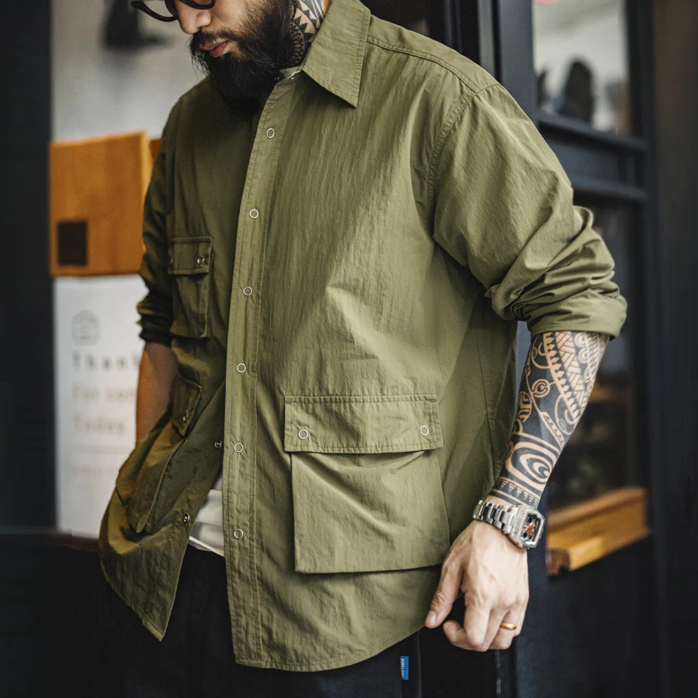 Maden Vintage Wrinkle Outdoor Shirt Casual Loose Green MultiPocket LongSleeve for Mens Spring and Fall Versatile Blouse 250226