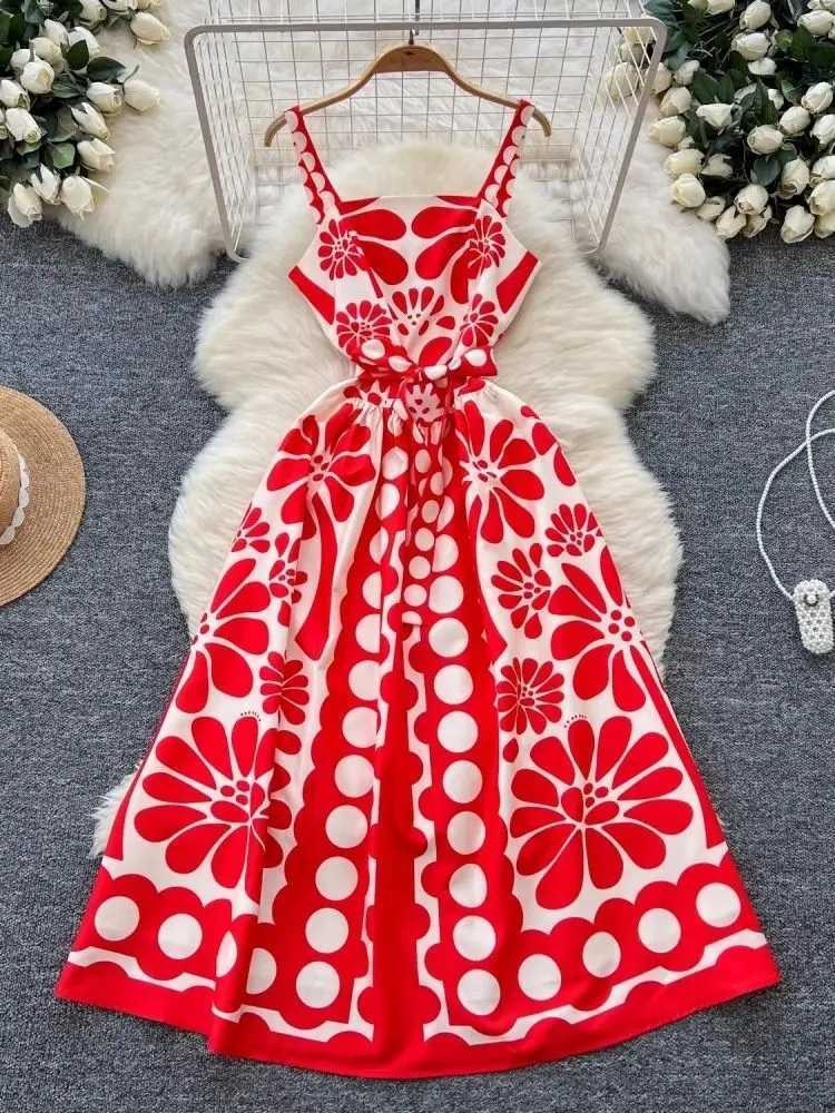 Basic Casual Dresses Runway Fashion 2025 Summer Holiday Polka Dots Flower Long Dresses Womens Bohemian Beach Party Midi Dresses J250301