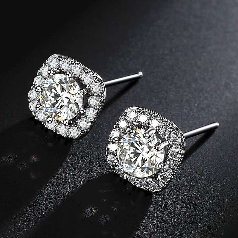 TrendMen Hiphop Rock Square Cubic Copper Zirconia Stud Earrings For Men Boy Sier Color Metal Crystal Earring Party Ear Jewelry