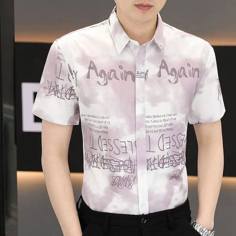 2025 Summer Short-sleeved Shirt for Men Thin Korean Style Cardigan Casual Free Iron Silk Top 250224
