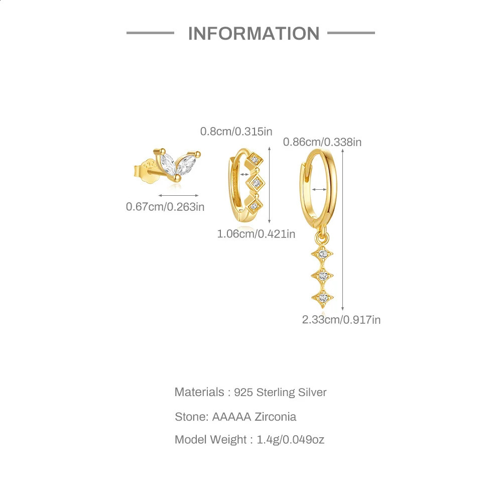 CANNER 1 Set 925 Silver Eight Pointed Star Petal Square Brick Earring Set For Women 18K Gold Detachable Pendant Ins Fine Jewelry 250228