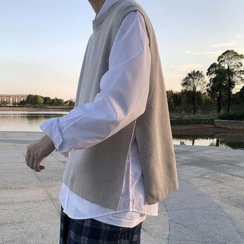 Knitted Sweaters for Men Crewneck Sleeveless Man Clothes Vest Solid Color Plain Round Collar Waistcoat Fleeced Plus Size Warm X 250225