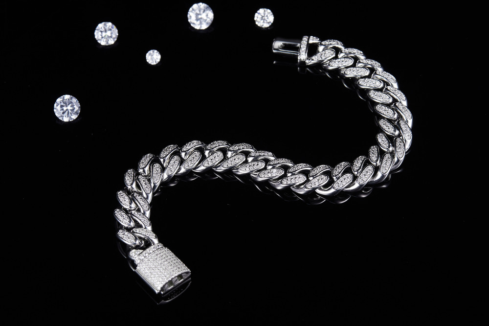 Ready to ship 12mm Moissanite sier Cuban bracelet men's platinum plated ice chain hip-hop gift