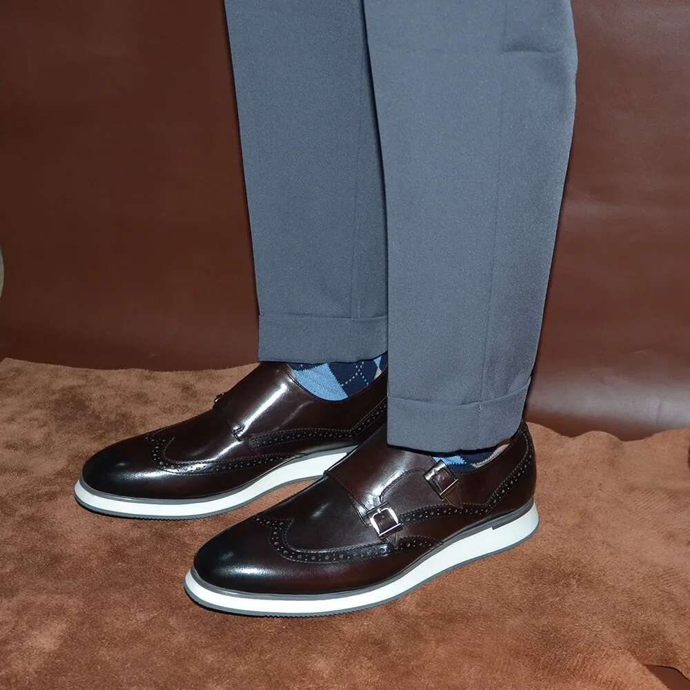 European Men Sneakers Genuine Cow Leather Monk Strap Basic Double Buckles Wingtip Brogue Casual Office Party Mens Shoes