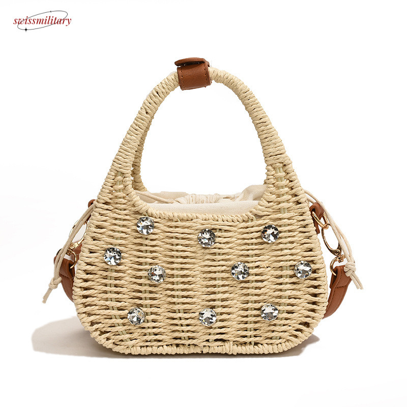 Summer woven 2025 new forest sweet girl single shoulder ins fashionable rhinestone hand-held crossbody beach bag