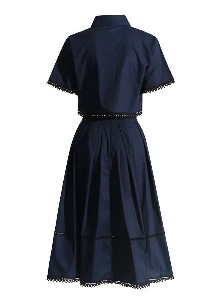 Solid Summer Two Piece Sets For Women Lapel Short Sleeve Tops High Waist A E Skirt Slim Set Female Fashion New