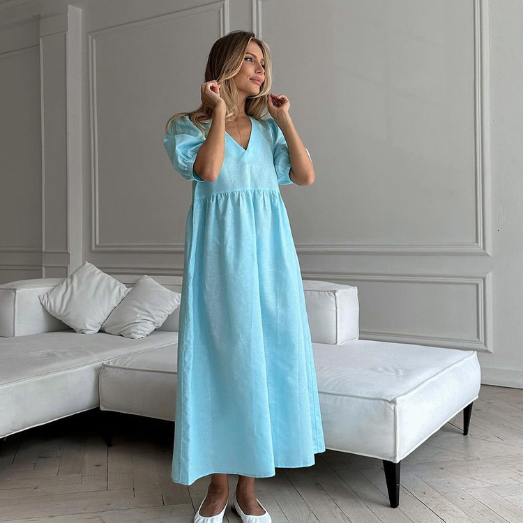 French Ins Light Mature Style V-Neck Bubble Sleeve Blue New4 Summer New Casual Long Dress
