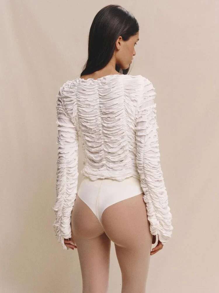 Tossy Autumn Fashion Ruffled T-shirt Cropped Top Female Hollow Out Lace-Up Patchwork Loose Outwear White Women Bandage Tee Coat