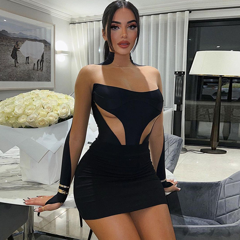 Wind Women's New Summer New Fashionable And Sexy Mesh Splicing Slim Fit Long Sleeved Hip Hugging Dress