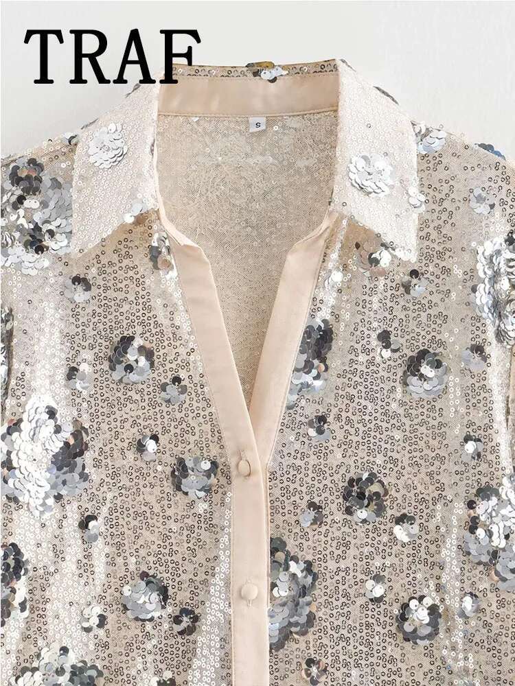 TRAF Ral Sequins Embellished Shirt Casual Elegant Loose 2024 New Fashion Women Shirts Blouses Top