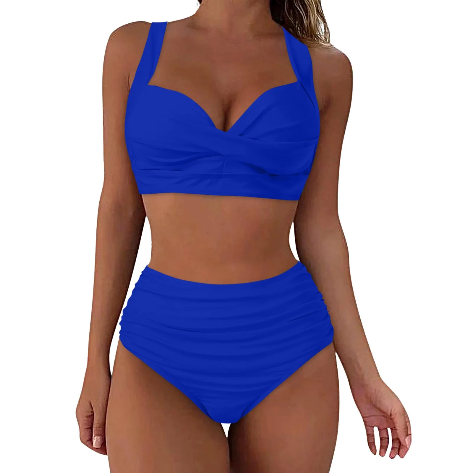 Ladies Vintage Swimsuit Two Piece Retro Halter Ruched High Waist Bikini Set Tankini Swimwear For Women Sumemr swimsuit women 250227