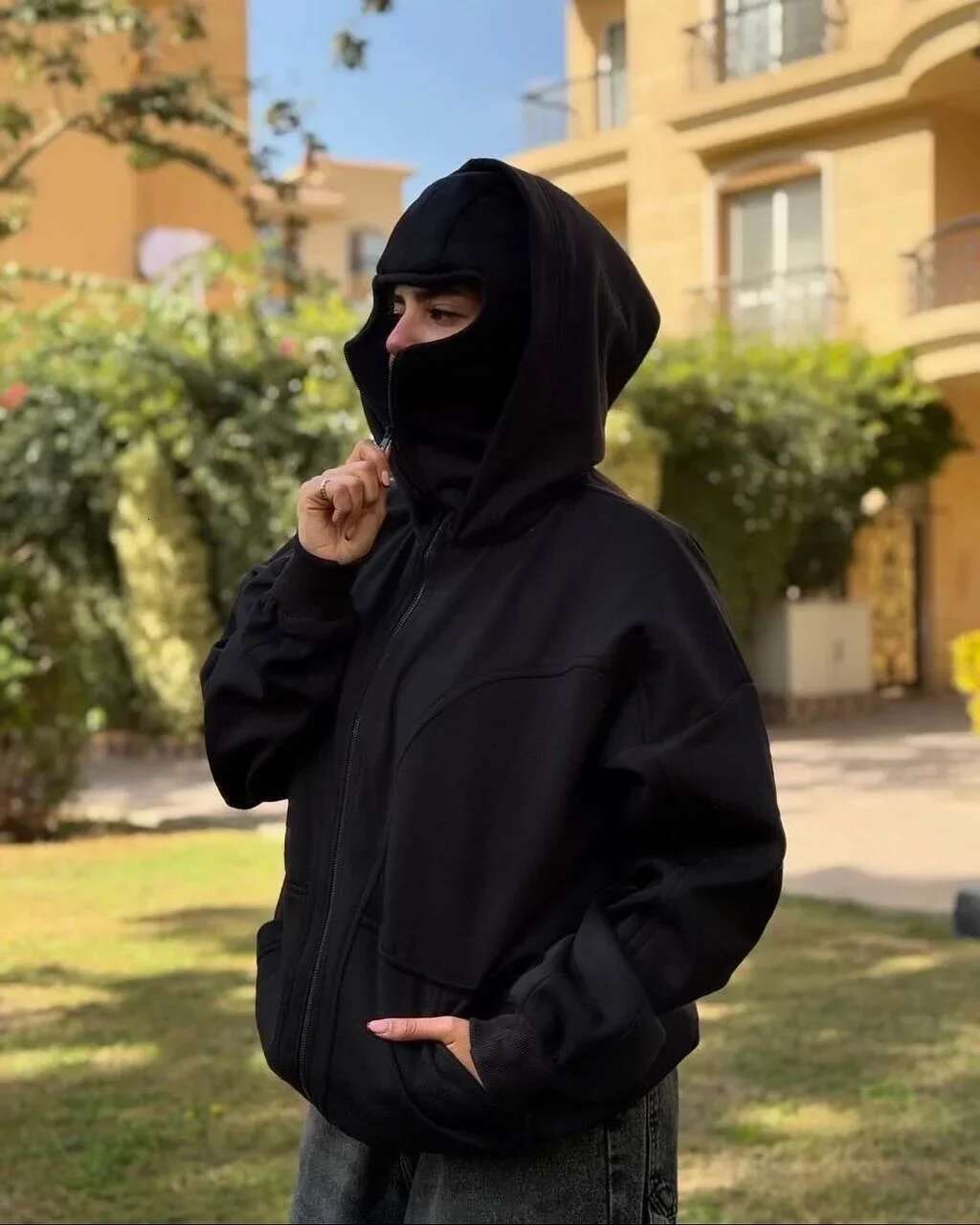 Balaclava Hoodies Fashion Integrated Double Layer Warm Windbreak Zip Up Hoodie Y2k Vintage Hip Hop Ninja Sweatshirt Streetwear