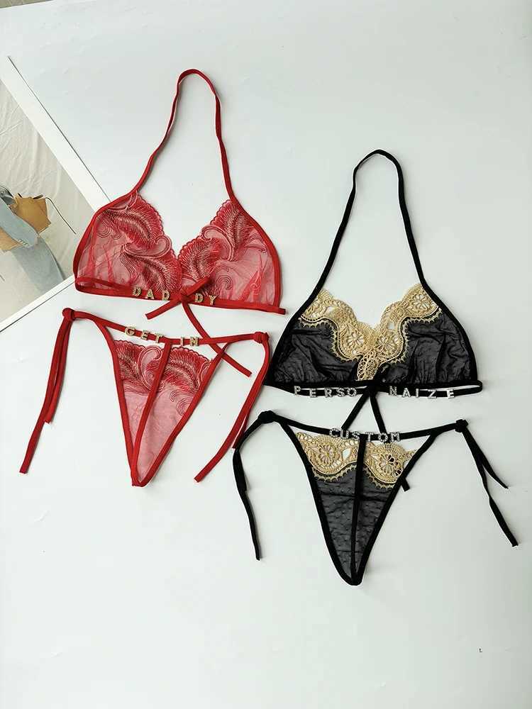 Personality Custom Name Crystal Letter Womens lingerie Set Lace Underwear+Panties G-String Bra Set Sexy Body Jewelry Wife GiftXJ250301