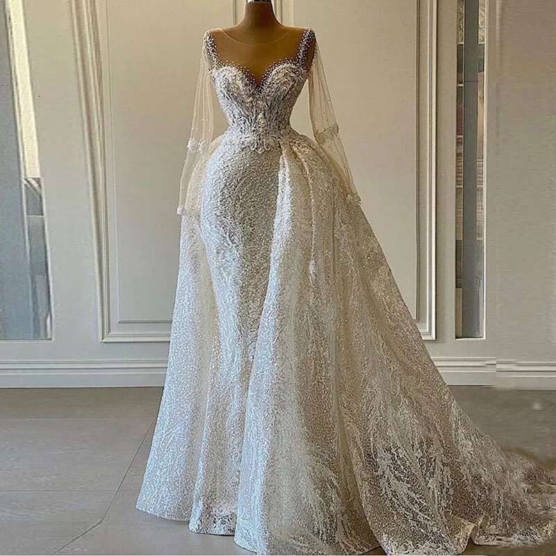 Sparkly Sequins Lace Full Wedding 2024 The Mermaid Beads Long Sleeves With Detachable Train Bridal Dresses